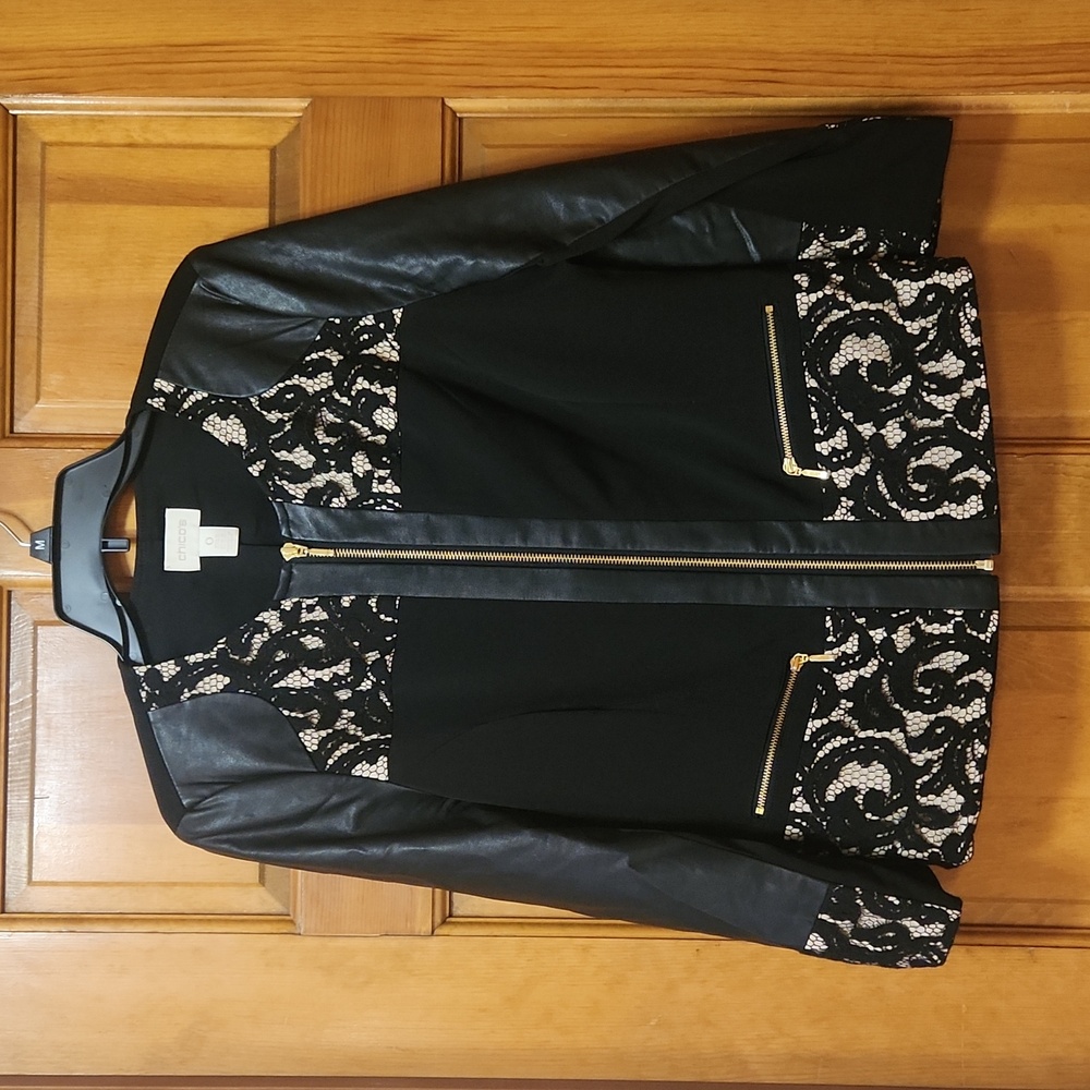 Chico's Black Jacket with Cream Lace and Faux Leather Trim